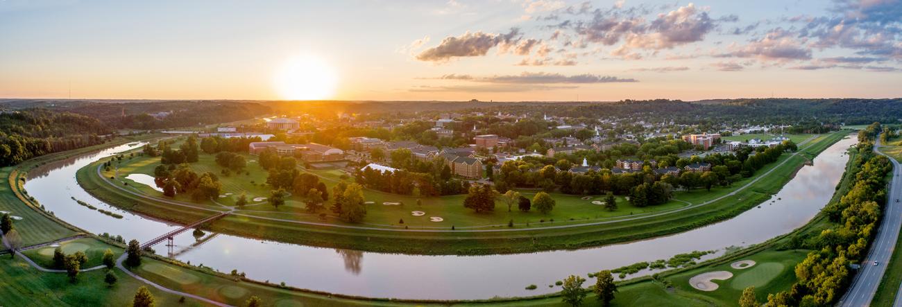 Aerial view of Ohio University's Athens campus at sunset